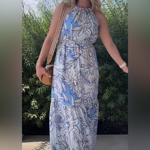 H by Halston Dresses & Skirts - H by Halston Blue and White Floral Halter Maxi Dress,  Lg